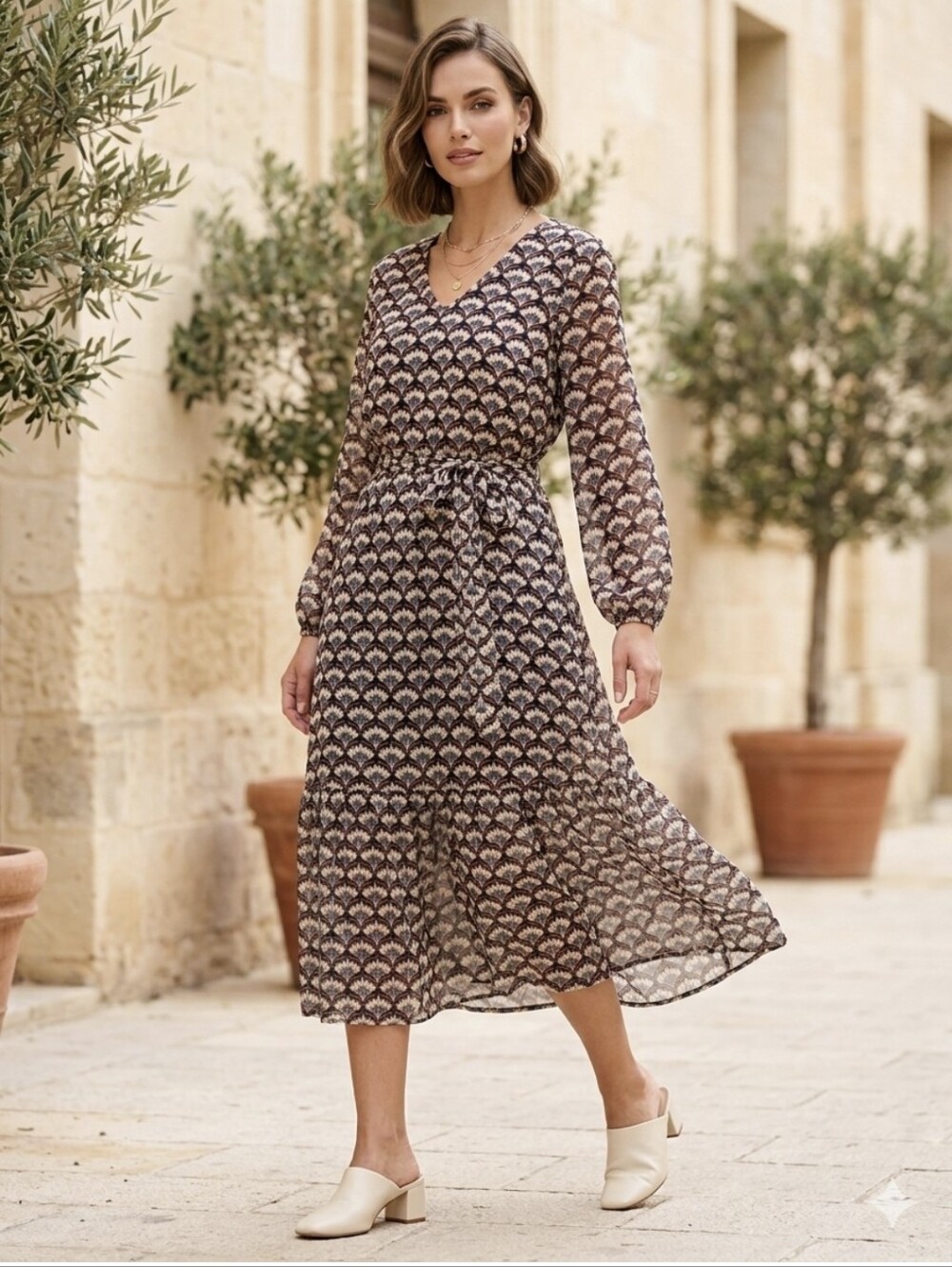 Sweet Salt Modest Clothing long-sleeve tiered midi/maxi dress. No size tag, fits
